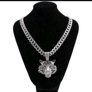 Iced Out Full Rhinestone Jumbo Tiger Head Pendant 3" & Cuban Chain Necklace 20"